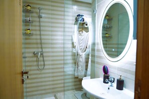 Shower, hair dryer, bidet, towels