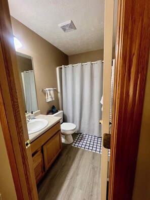 Hair dryer, towels, soap, shampoo
