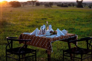 A picnic setup with a table set for two, surrounded by chairs, in a grassy field. - Escarpment Serengeti Luxury Camp (Serengeti)