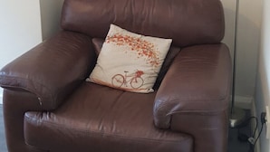 Un sillón de cuero marrón con un cojín que muestra un diseño de bicicleta, ubicado en un rincón con un espejo enmarcado en la pared y una lámpara de pie a la derecha.