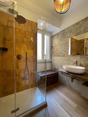 Hair dryer, bidet, towels, soap