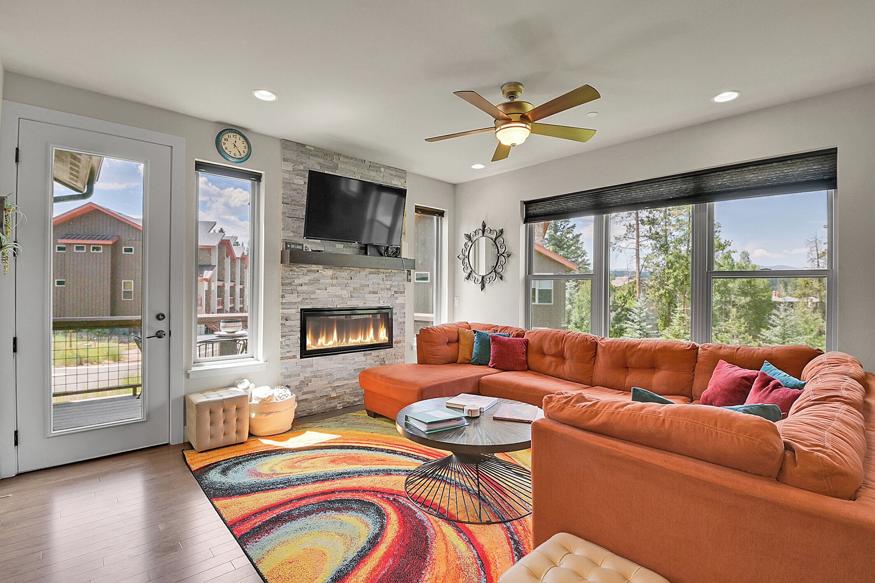 Smart TV, fireplace, books