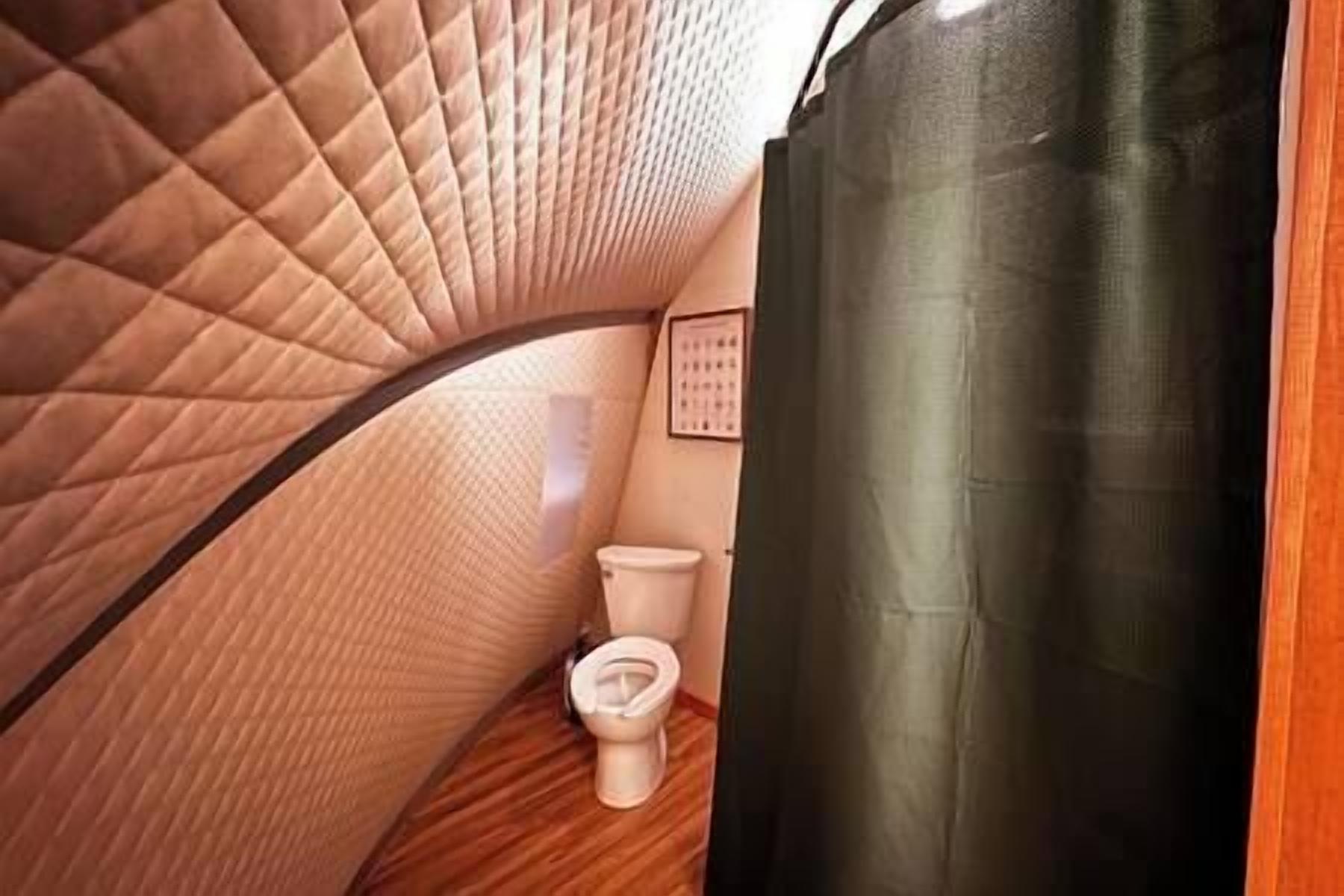 A compact, curved room with a quilted ceiling and a toilet.