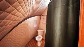 A compact, curved room with a quilted ceiling and a toilet.