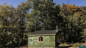 A small, single-story wooden cabin with a metal roof, surrounded by dense forest.