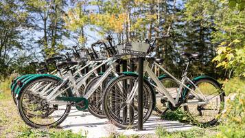 Una fila di biciclette con cestini, parcheggiate su una superficie in cemento con del verde sullo sfondo.