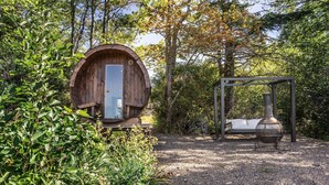 Una cabana de fusta rústica amb una porta metàl·lica, envoltada de vegetació densa i arbres.