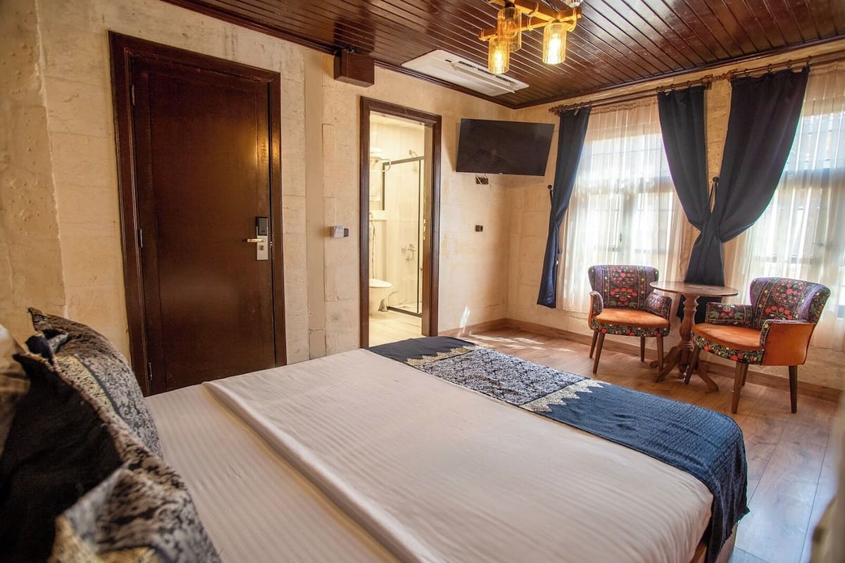 A hotel room with a bed, a TV, a small table with chairs, and a shower area.