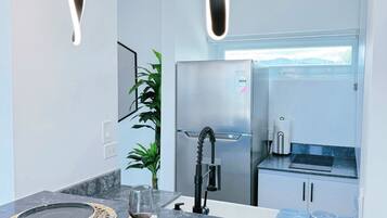 Fridge, microwave, stovetop, coffee/tea maker