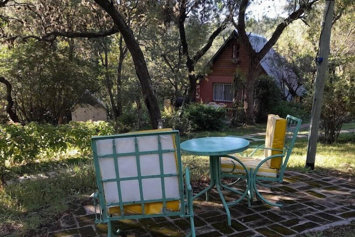 Une terrasse avec une table et des chaises, entourée d’arbres, avec une maison en arrière-plan.