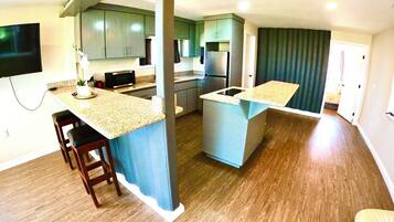 Fridge, microwave, coffee/tea maker, blender