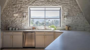 Fridge, microwave, cookware/dishes/utensils