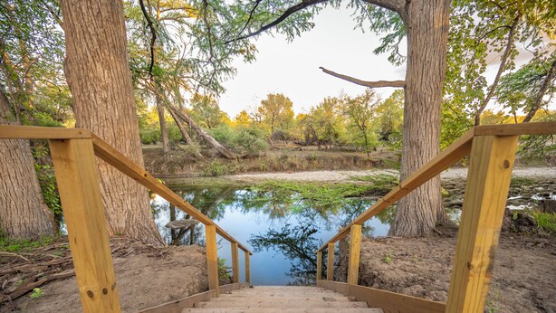 Una escalera de madera que baja a una masa de agua tranquila rodeada de árboles.