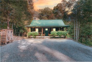 A log cabin with a green roof, surrounded by trees.