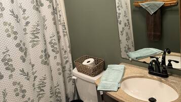 Hair dryer, towels, soap, shampoo