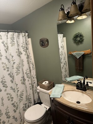 Hair dryer, towels, soap, shampoo