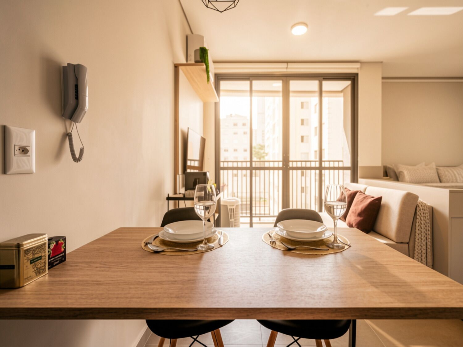 A dining area with a wooden table set for two, a phone on the wall, and a view of the city through large windows.