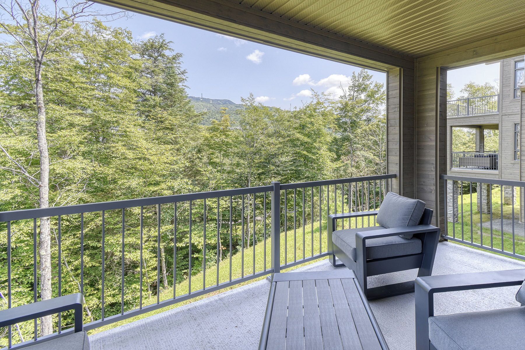 A balcony with a view of a forest and a mountain.