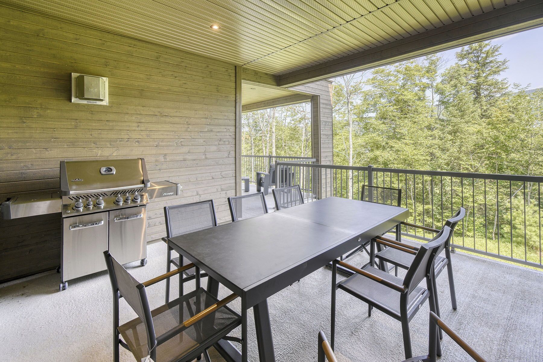 Un patio exterior con una parrilla, una mesa de comedor y sillas, con vista a un área boscosa.