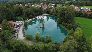 An aerial view of a lake surrounded by trees and houses.