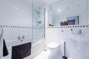 Shower, hair dryer, shampoo
