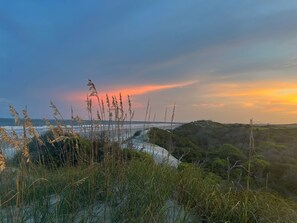A coastal landscape with a sunset, vegetation, and a distant view of the ocean.