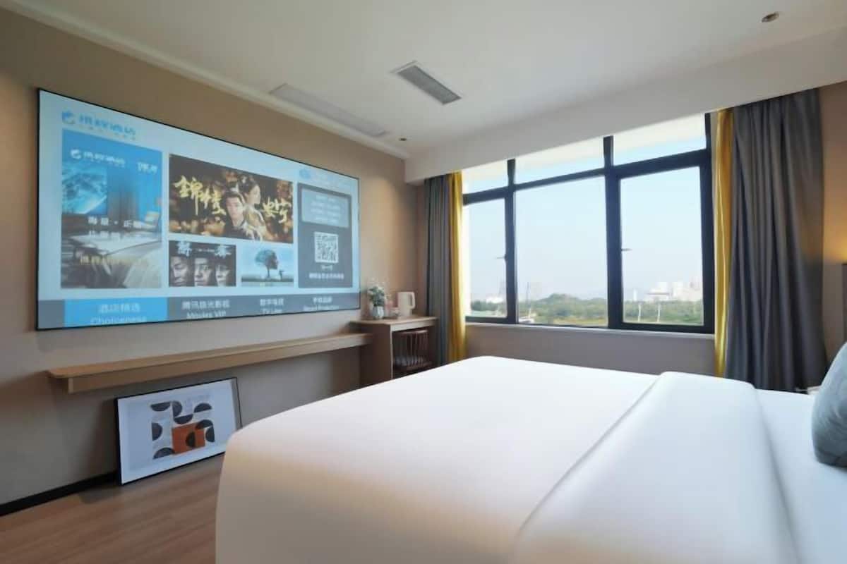 Quarto de hotel com uma cama grande, uma TV fixada na parede exibindo cartazes de filmes, uma janela com cortinas e uma pequena mesa com uma planta.
