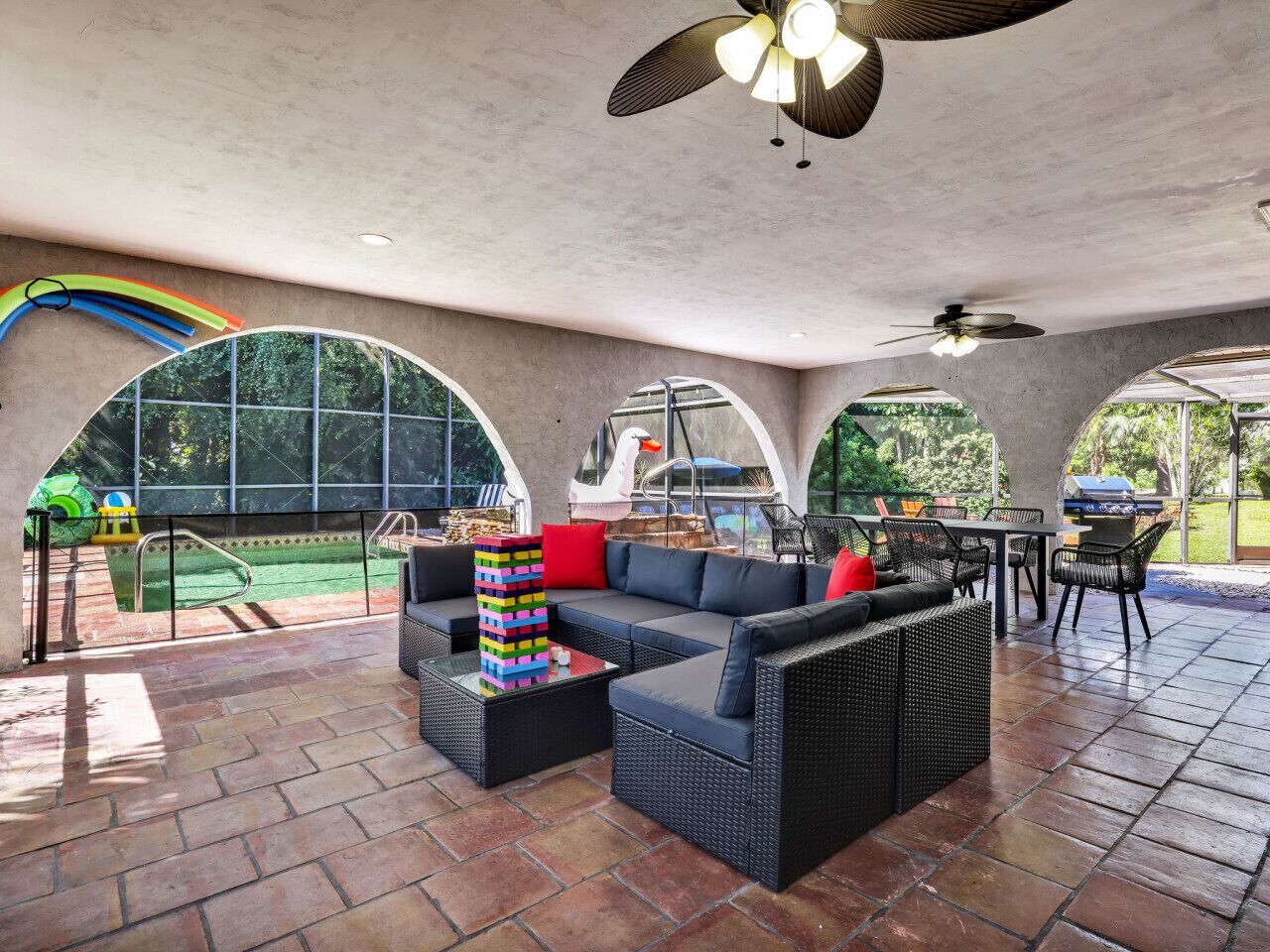 Pool toys, outside games, comfy couches for lounging and visiting. Our outdoor space has everything ready for you!