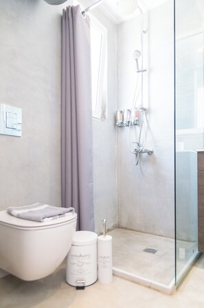 Douche, sèche-cheveux, serviettes fournies, savon