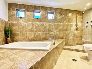 Hair dryer, towels, soap, shampoo