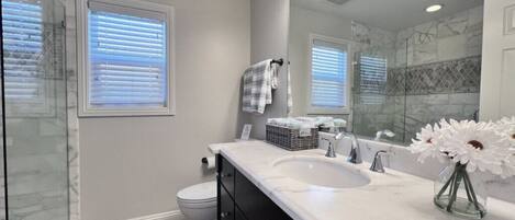 Une salle de bain avec une douche à parois de verre, un lavabo blanc et un grand miroir.