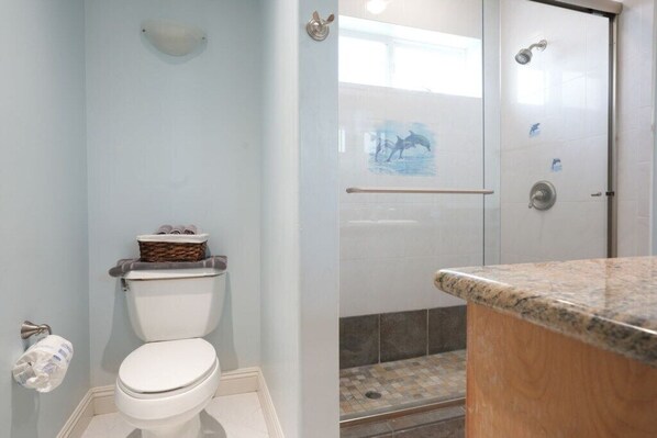 A bathroom with a toilet, a shower with a glass door, and a marble countertop.