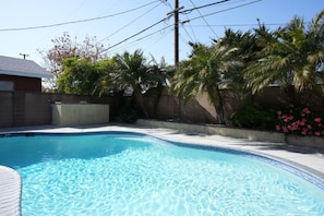 A swimming pool with clear water, surrounded by palm trees and a brick wall. - Amazing Large Family Home W/pool, 1 Mile to Disney (Anaheim)