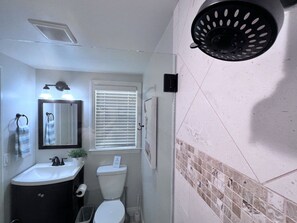 Un bagno con lavandino, specchio, WC e zona doccia.