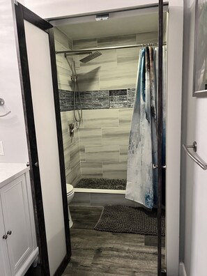Hair dryer, towels, soap, toilet paper