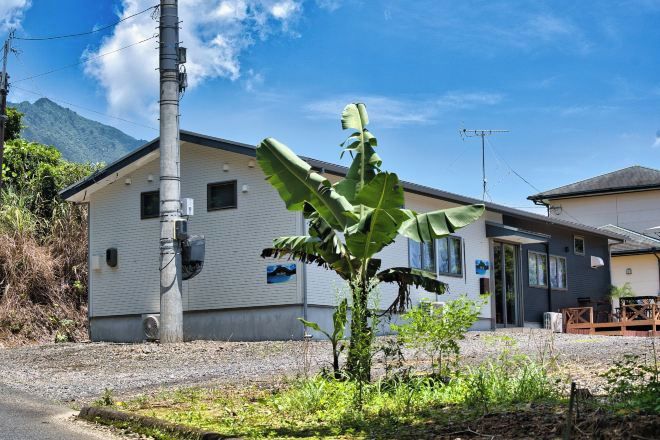 A residential building with a single-story structure, a visible satellite dish, and a small garden area with a banana plant.