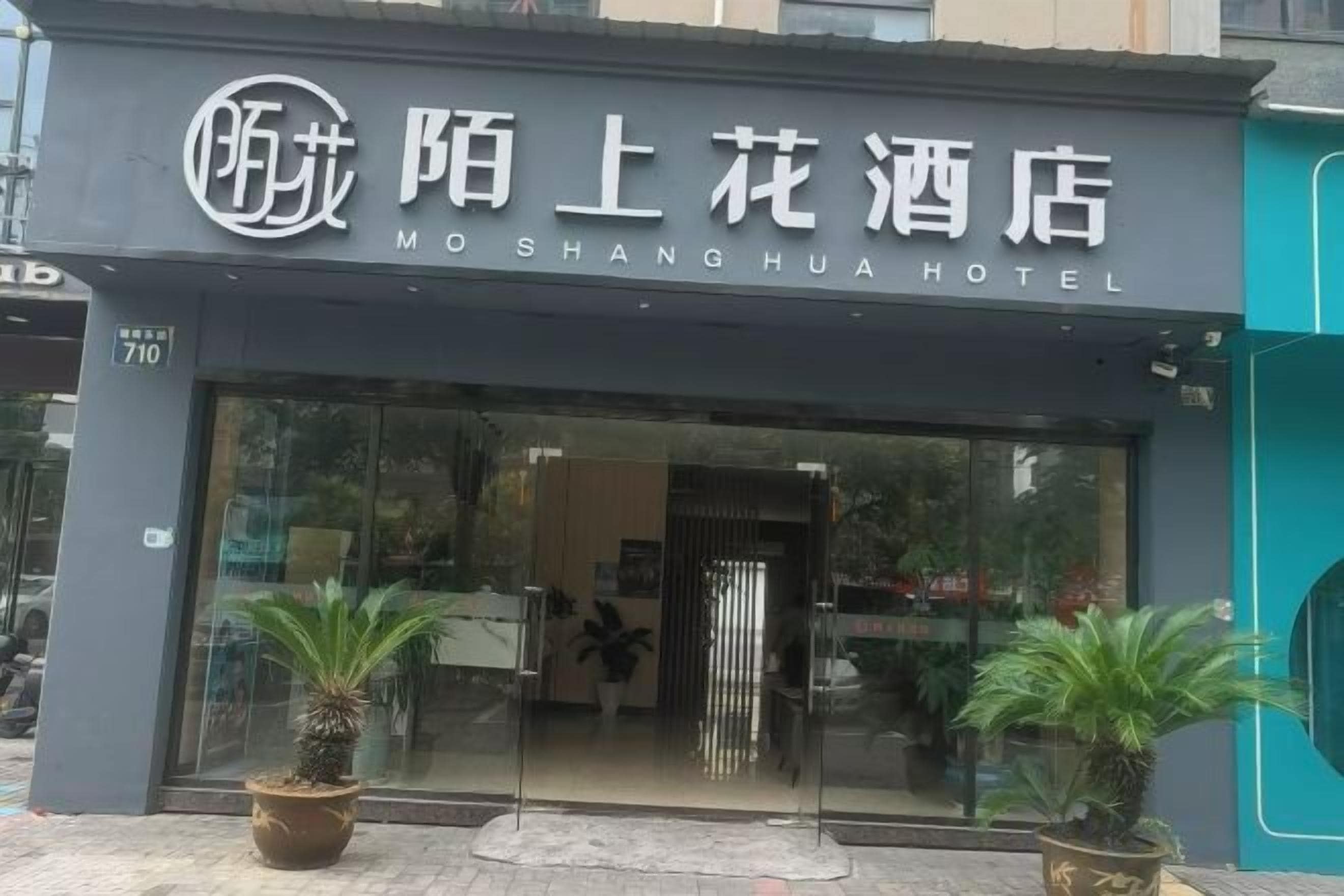 A hotel entrance with a sign in a foreign language, a glass door, and potted plants in front.