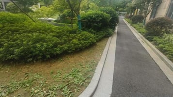 Un chemin pavé bordé d’une végétation luxuriante et dense, avec un bâtiment d’un côté.