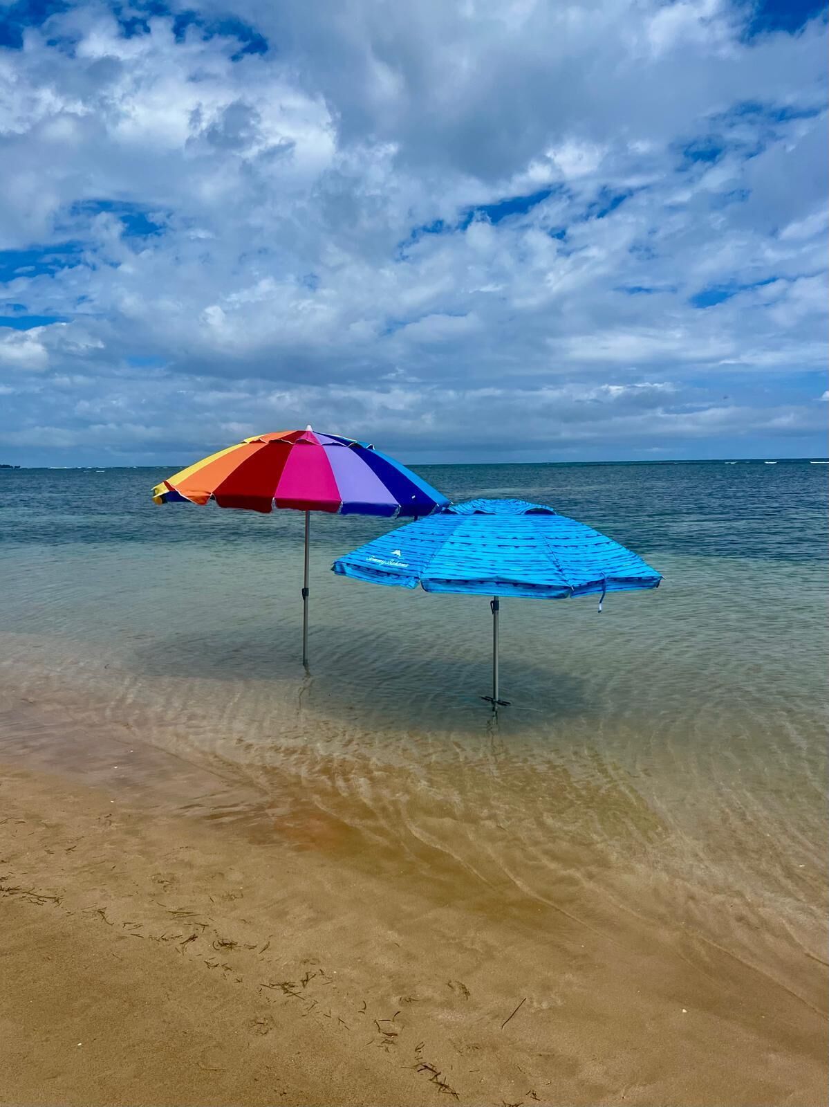 Dos sombrillas de playa en la orilla del agua.