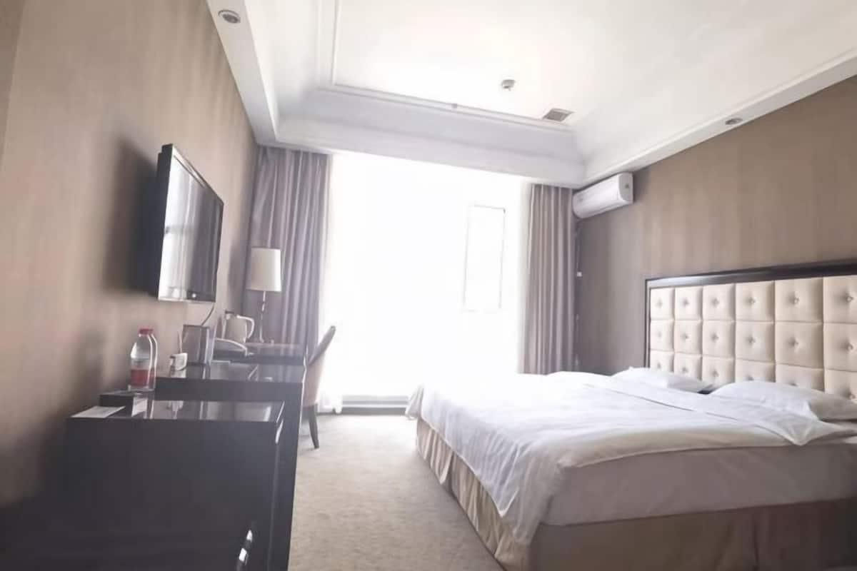 Ein Hotelzimmer mit einem Bett, einem Schreibtisch, einem Stuhl, einem Fernseher und einem Fenster.