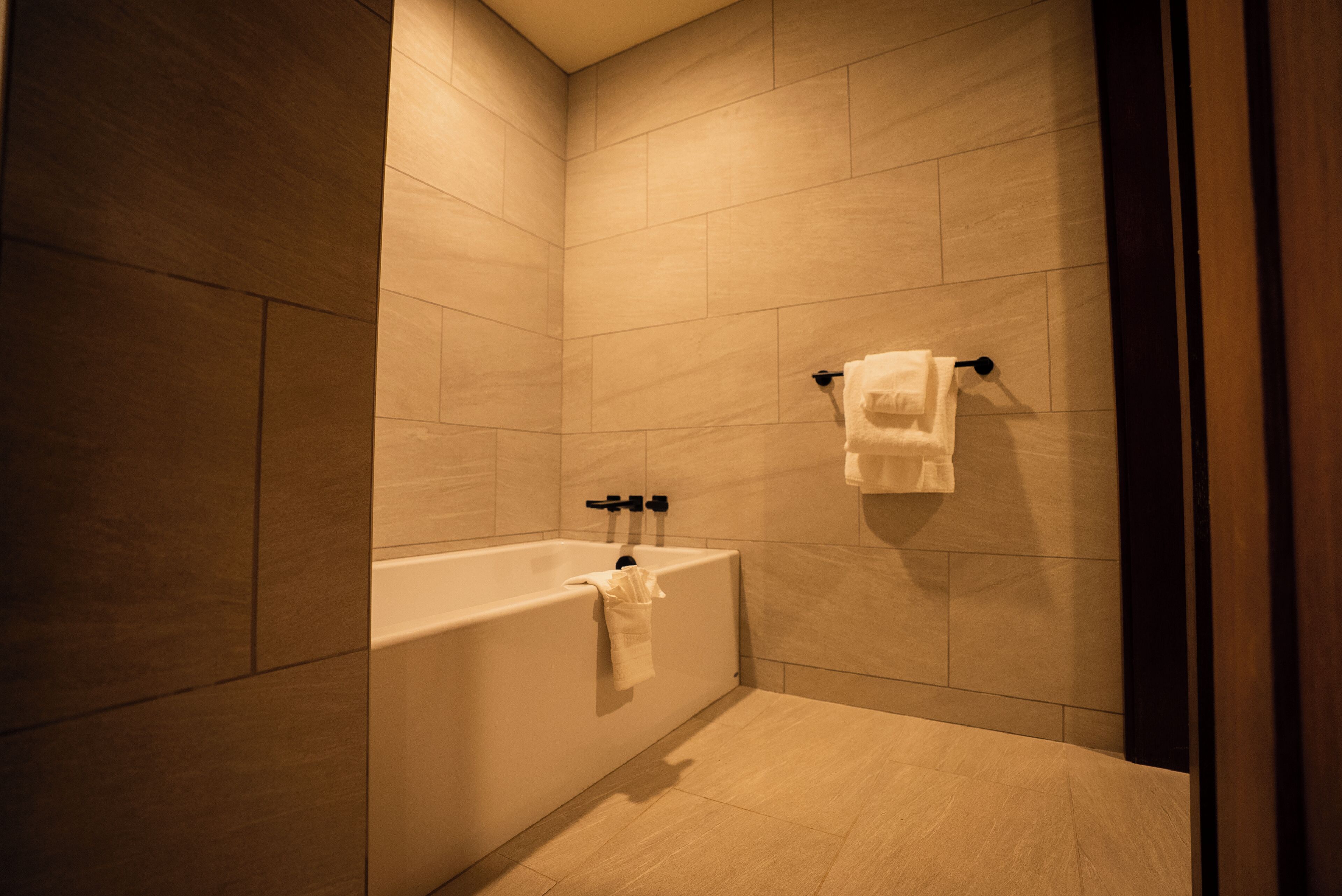 Un bagno moderno con una vasca, un portasciugamani e un water.