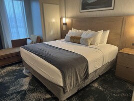 Habitación de hotel con una cama grande, una mesita de noche, una silla y una ventana con cortinas.