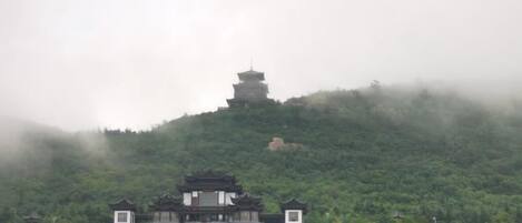 Un edificio tradicional con una pagoda en una colina, rodeado de vegetación.
