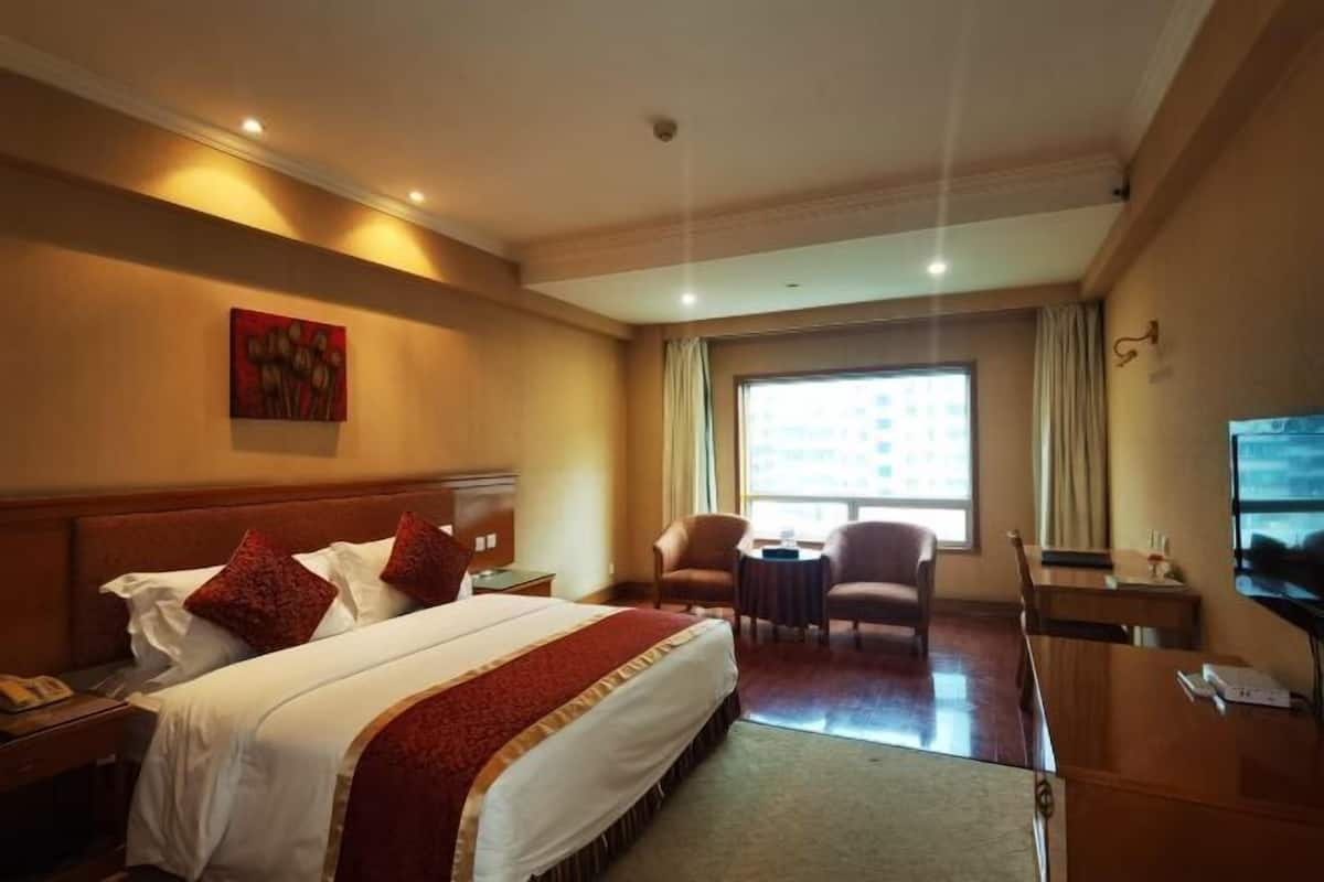 A hotel room with a large bed, a desk, a chair, and a TV.