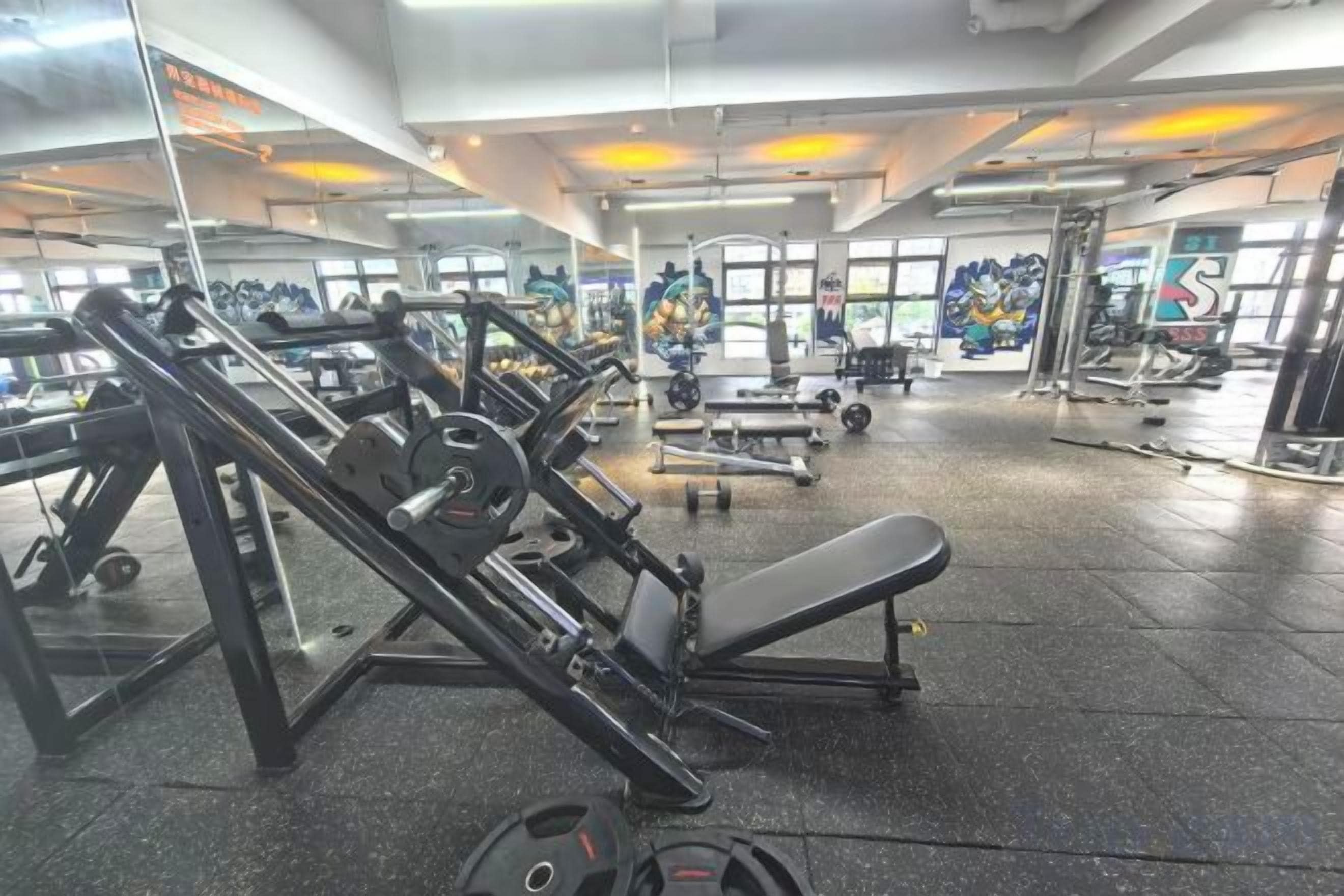 A gym with various exercise equipment, including weight machines and free weights.