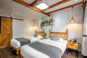 Une chambre avec deux lits, des poutres en bois, une lucarne, un luminaire suspendu et une petite table de chevet agrémentée d’une plante.