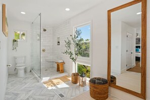 Hair dryer, towels, soap, shampoo