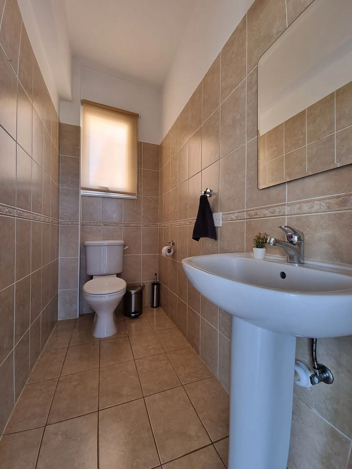 A bathroom with a toilet, a sink, and a mirror.