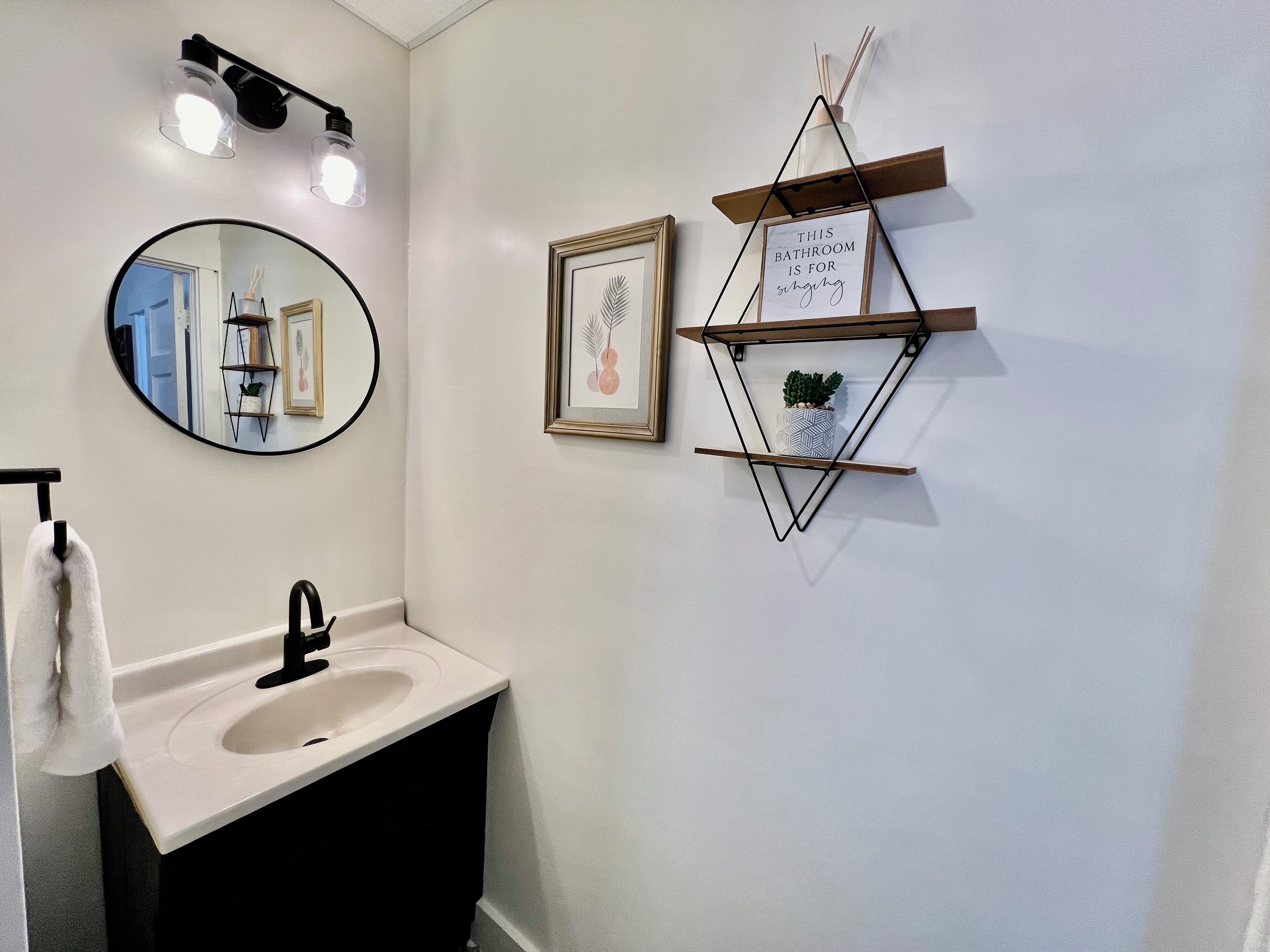 A bathroom with a white sink, black faucet, and a mirror. There are wall-mounted lights, a framed picture, and a decorative shelf with a potted plant.