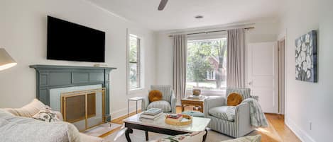 TV, fireplace, books